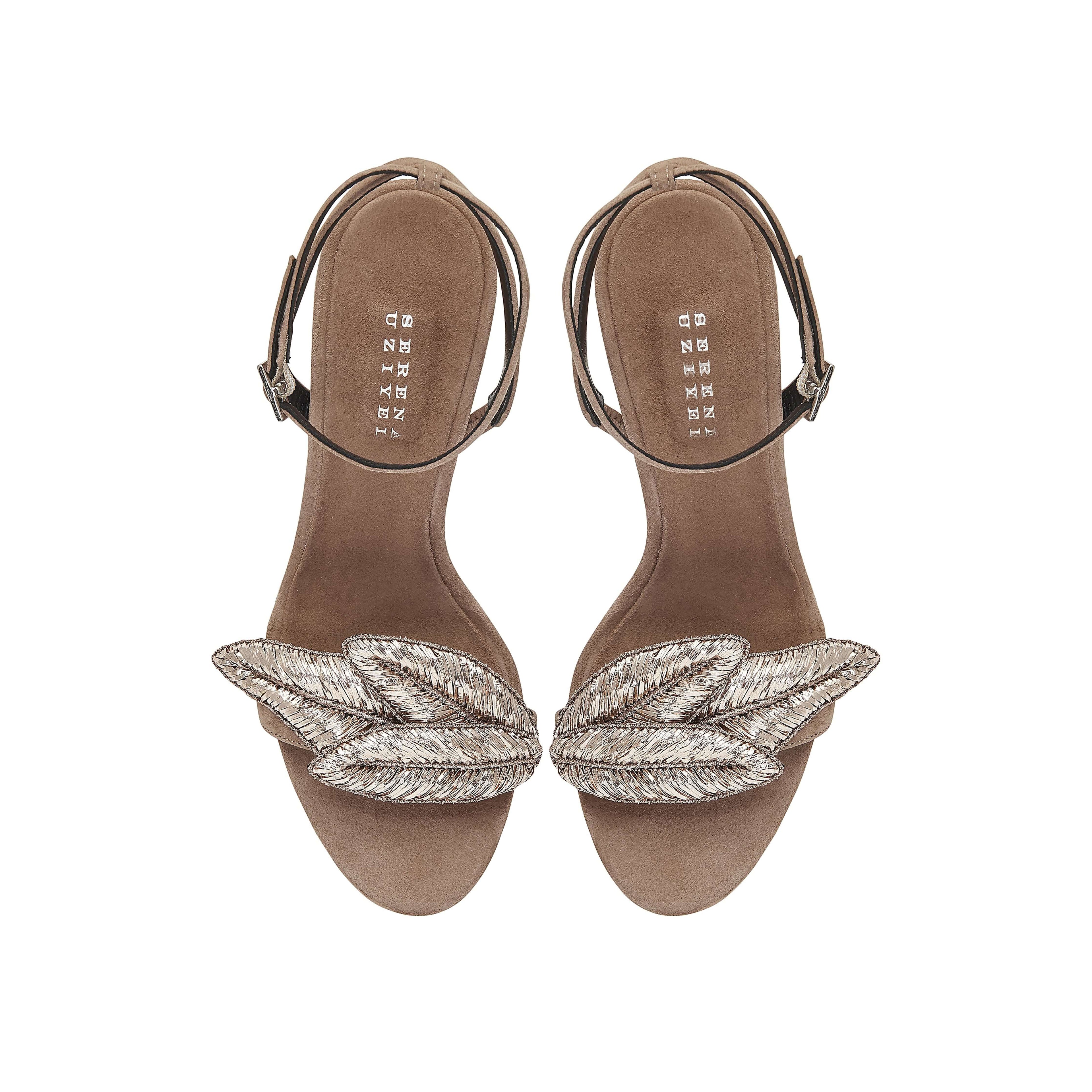 Valeria Praline High-Heel Ankle Cross Sandal with metallic leaf embroidery, perfect for chic evening attire.