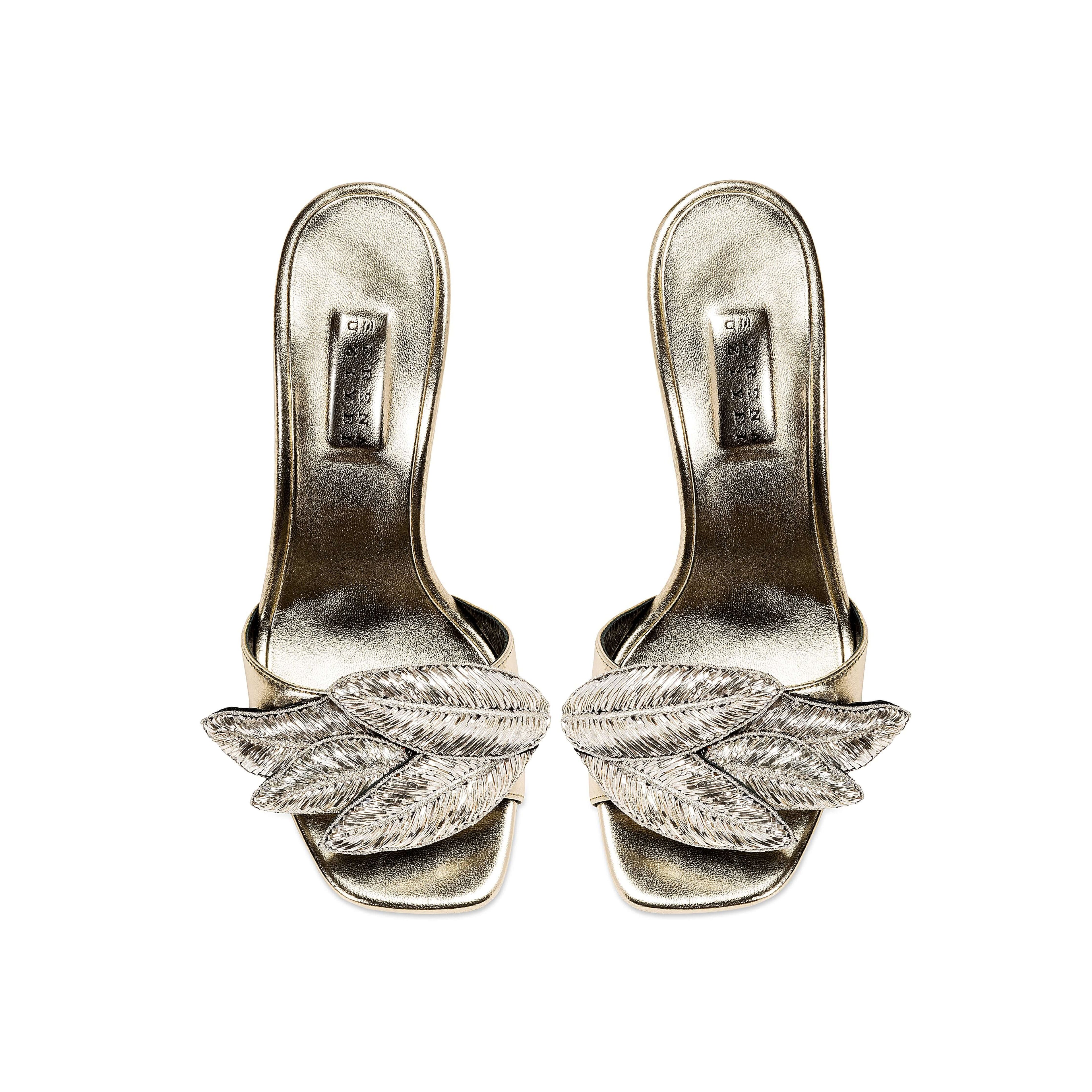 Valeria Sahara High-Heel Sandal with metallic leaf embroidery, reflecting nature's beauty and strength.