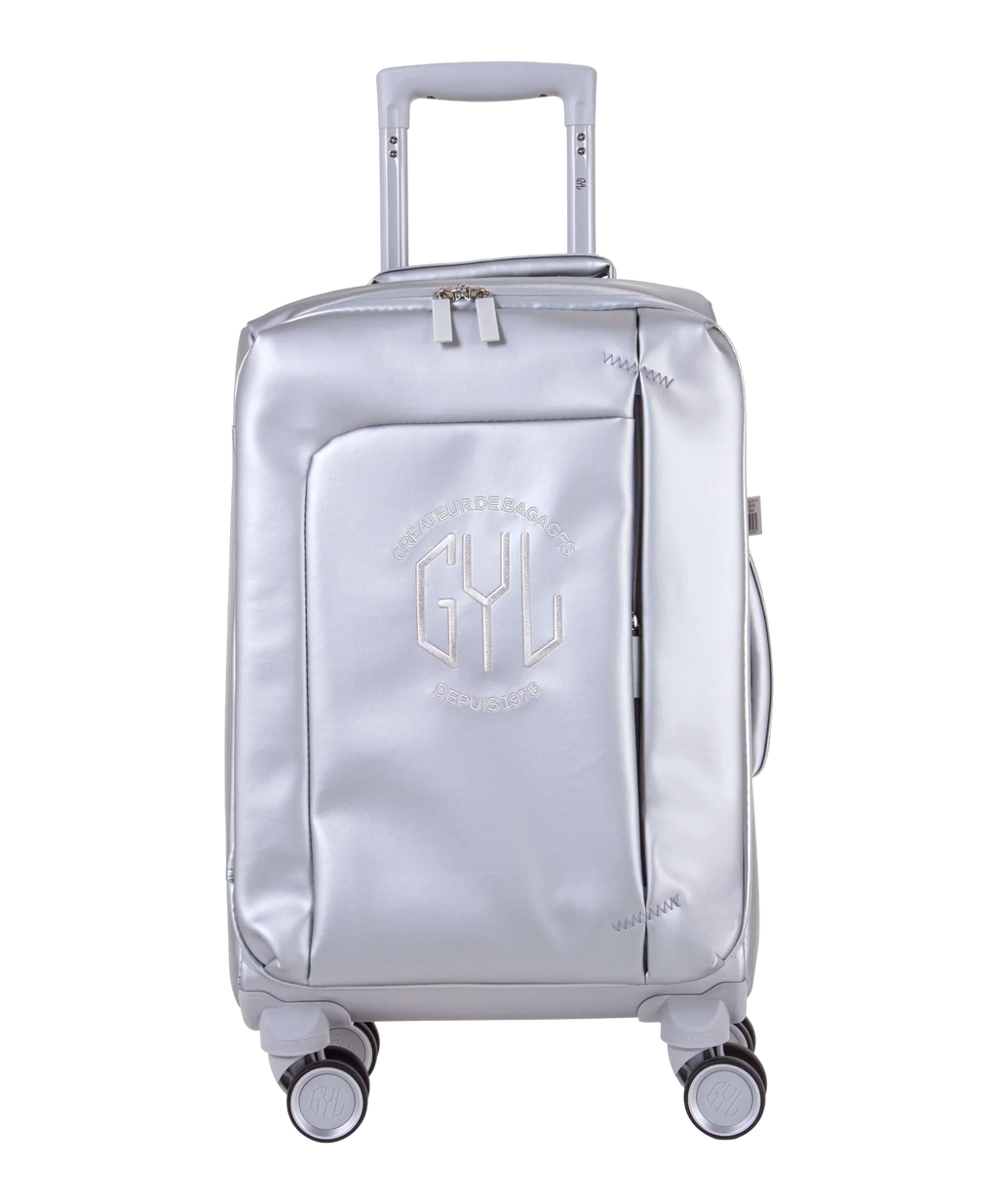 Valise Evasion GYL souple cabine 55 cm coloris argent vue de face avec logo GYL