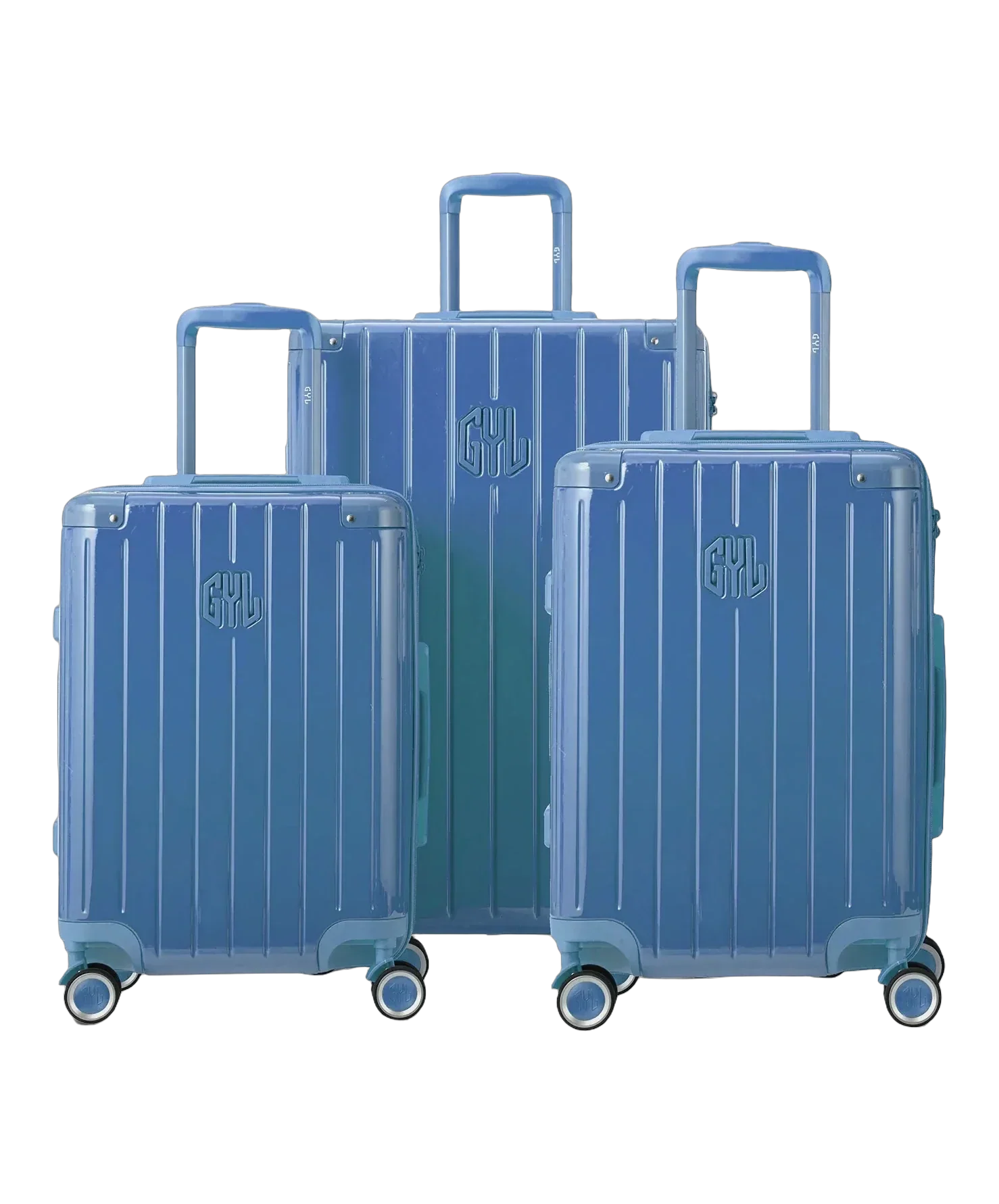 Set de 3 valises rigides Intemporelle en polycarbonate coloris bleu grise vue de face avec logo GYL