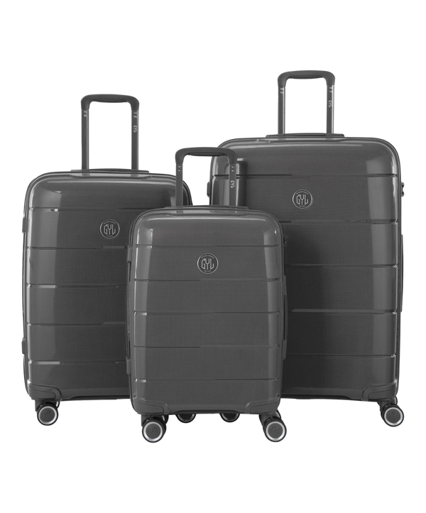 Valise Citadine en polypropylene set de 3 valises cabine semaine et soute coloris gris fonce vue de face du set complet