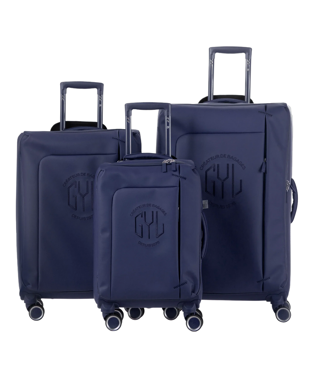 Valise Evasion GYL souple set de 3 valises cabine semaine et soute coloris marine vue de face du set complet