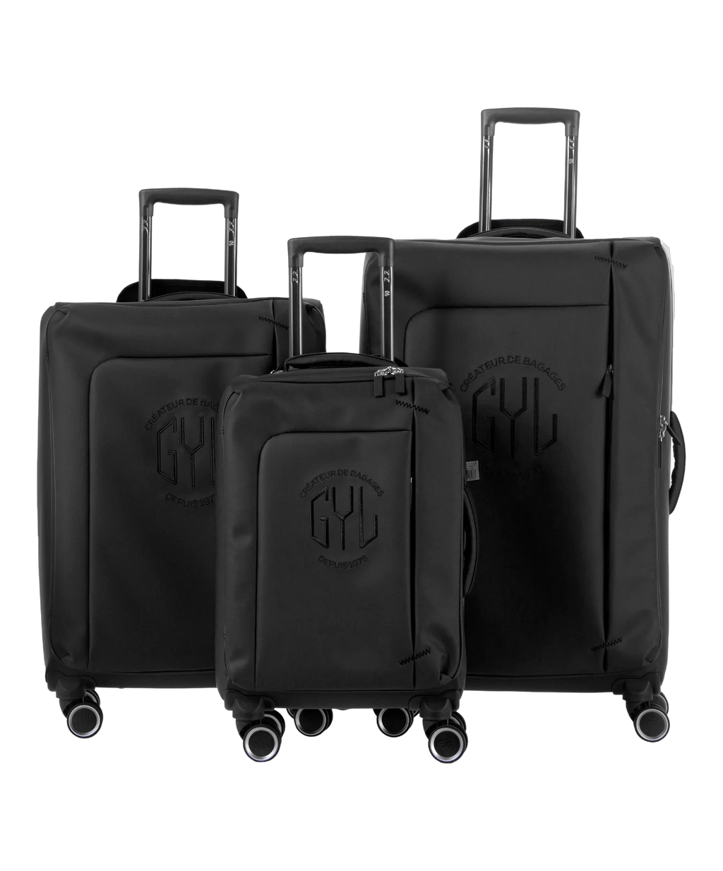 Valise Evasion GYL souple set de 3 valises cabine semaine et soute coloris noir vue de face du set complet