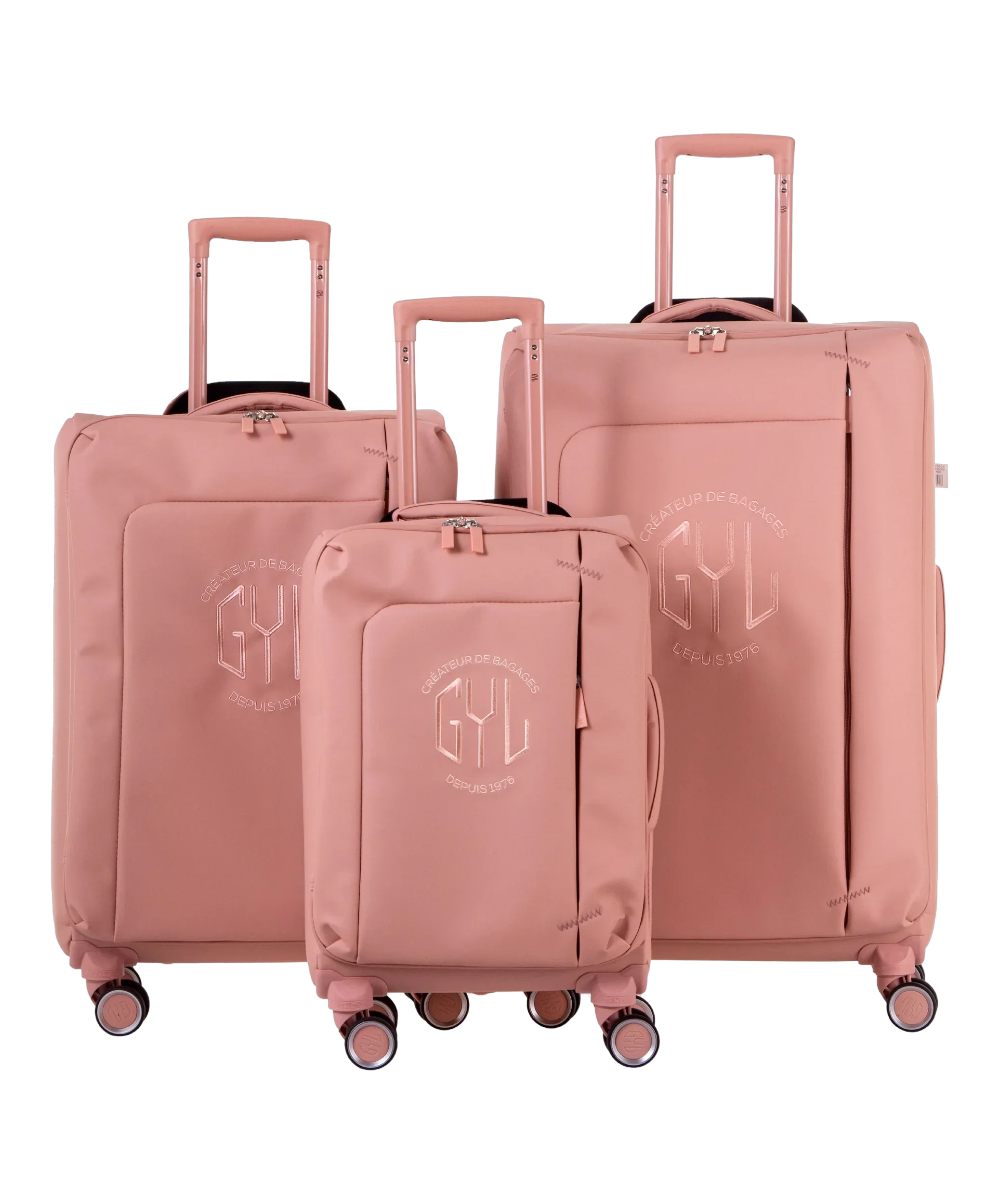 Valise Evasion GYL souple set de 3 valises cabine semaine et soute coloris rose-gold vue de face du set complet