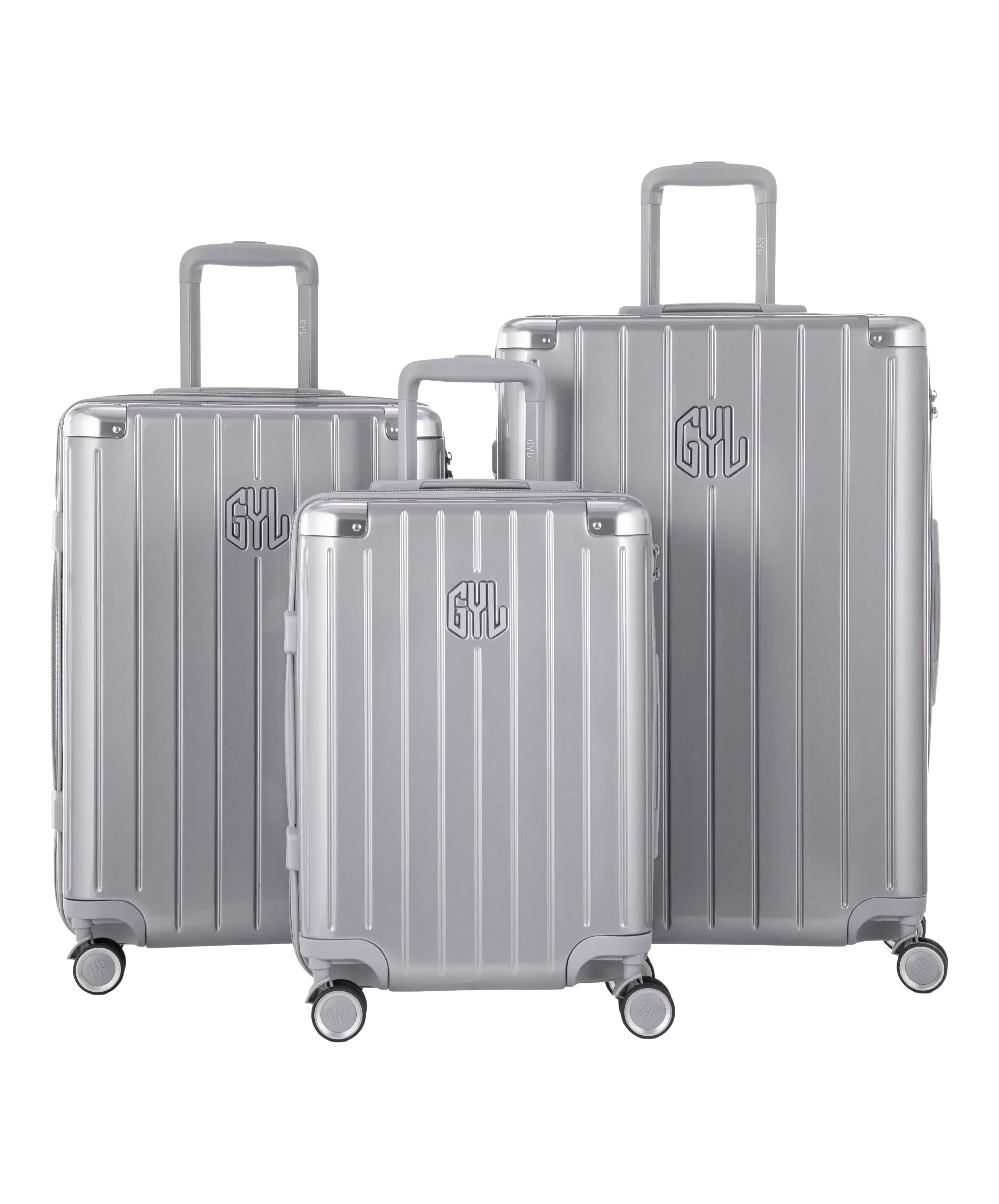 Valise Intemporelle en polycarbonate set de 3 valises cabine semaine et soute coloris argent vue de face du set complet