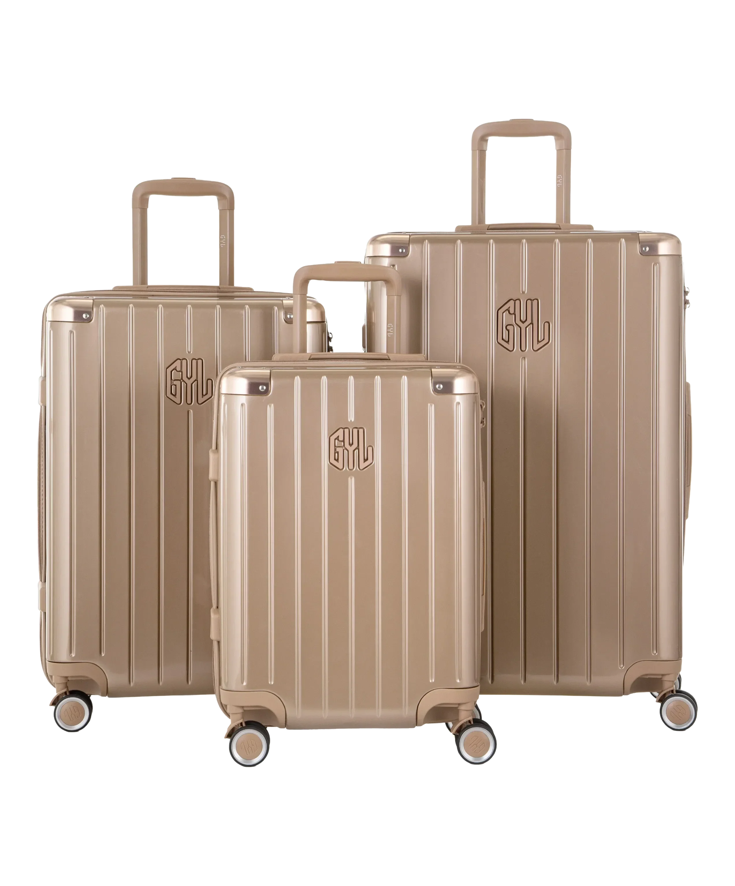 Valise Intemporelle en polycarbonate set de 3 valises cabine semaine et soute coloris champagne vue de face du set complet