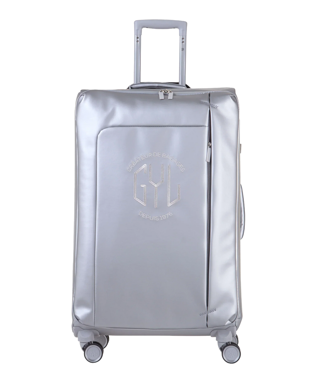 Valise Evasion GYL souple soute 75 cm coloris argent vue de face avec logo GYL