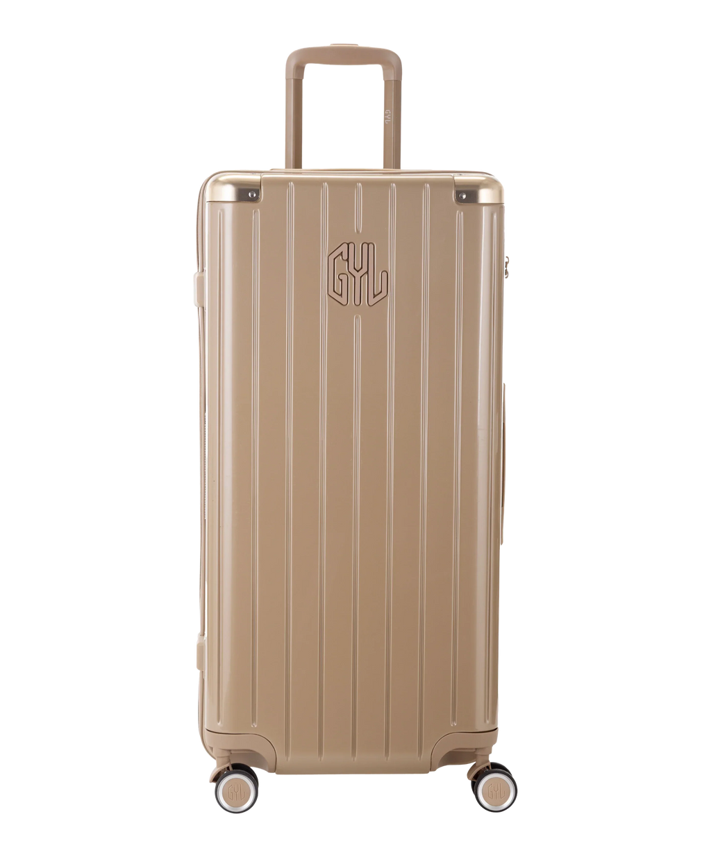 Valise Trunk GYL en polycarbonate Trunk XL 80 cm coloris champagne vue de face avec logo GYL