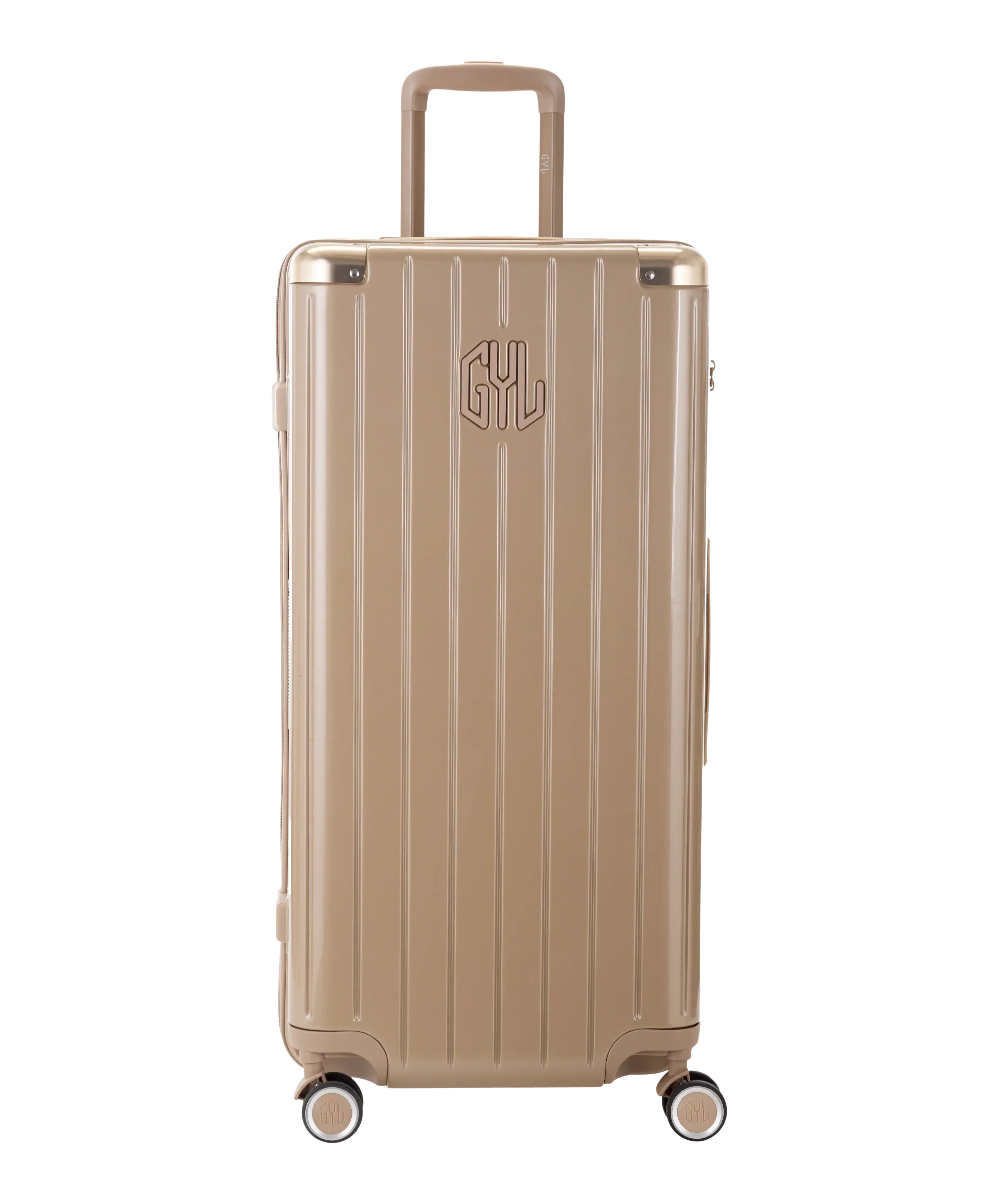 Valise Trunk GYL en polycarbonate Trunk XL 80 cm coloris champagne vue de face avec logo GYL