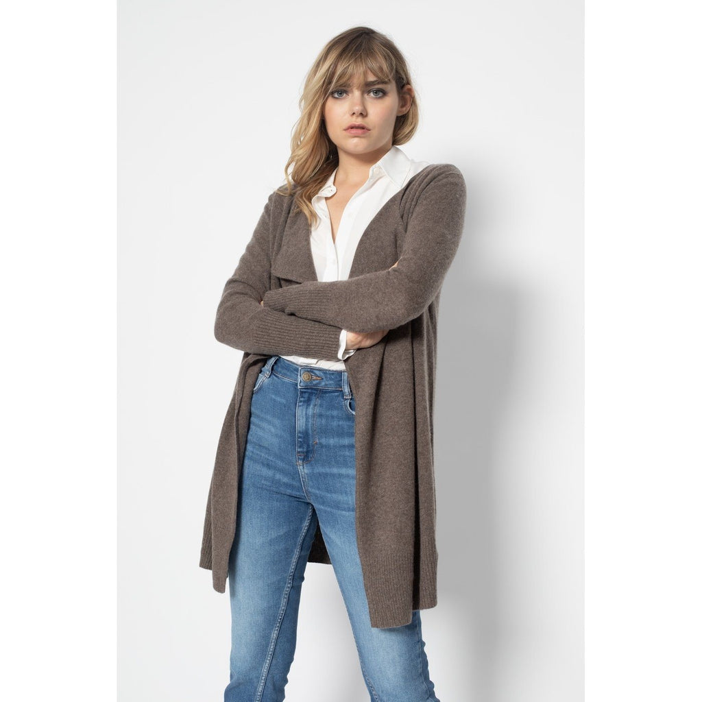 Veste Longue Abigail Taupe, 100% Cachemire, 2 Fils, Jersey, 266Gr - Femme - Perfect Cashmere - The Bradery